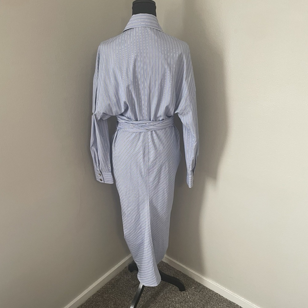 MABLE Sz M Blue/Multi Striped Midi Shirt Dress Front Tie Long Sleeve Coastal - Picture 11 of 15